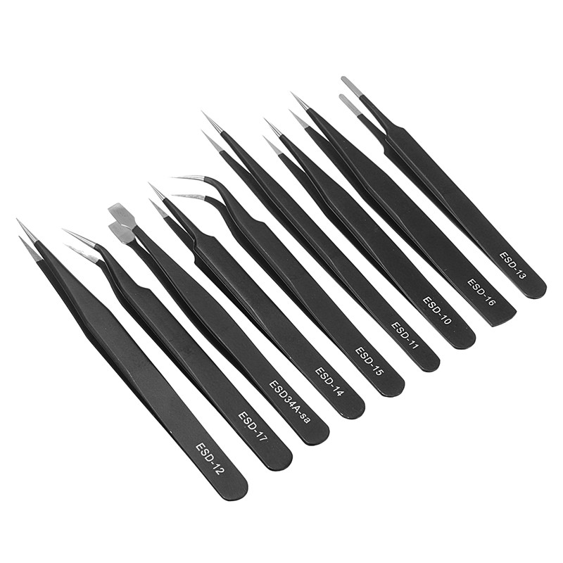 9 Pcs ESD Tweezer Anti-static Stainless Steel Precision Tweezers Set for Electronics