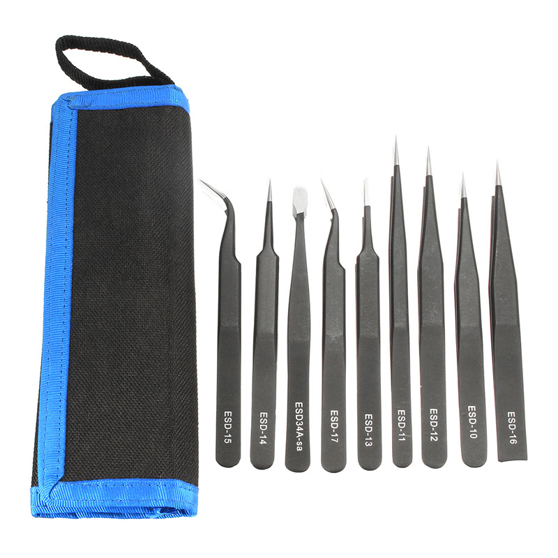 9 Pcs ESD Tweezer Anti-static Stainless Steel Precision Tweezers Set for Electronics