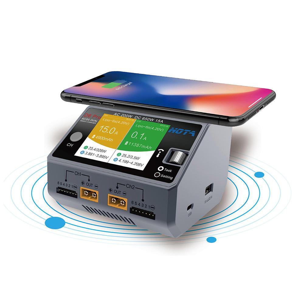 HOTA D6 Pro Dual Channel 650W 15A AC/DC Battery Charger w/ Wireless Cellphone Charging