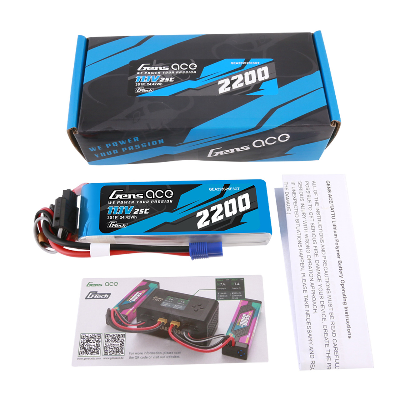 Gens Ace G-Tech 2200mAh 11.1V 3S 25C Lipo Battery Pack With EC3 Plug For RC Plane