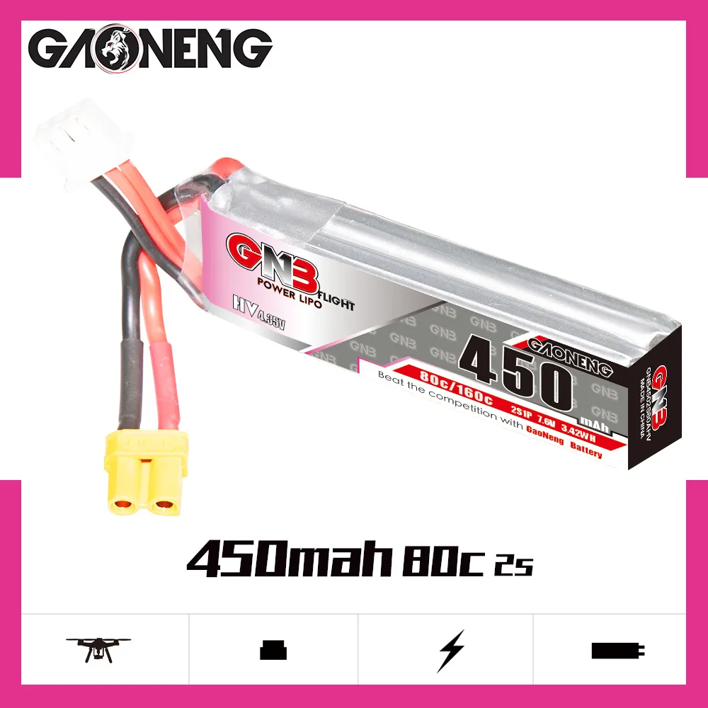 GAONENG GNB LiHV 2S 7.6V 450mAh 80C XT30 LiPo Battery