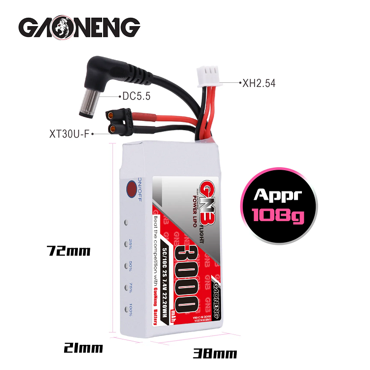 GAONENG GNB 2S 7.4V 3000mAh 5C LiPo Battery DC5.5 XT30 Fat Shark HDO DJI Goggle