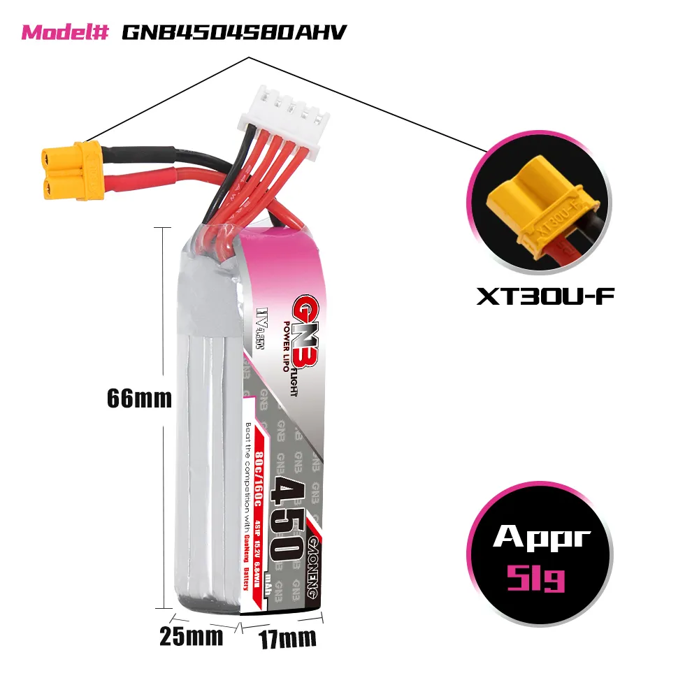 GAONENG GNB LiHV 4S 15.2V 450mAh 80C XT30 LiPo Battery Long Type
