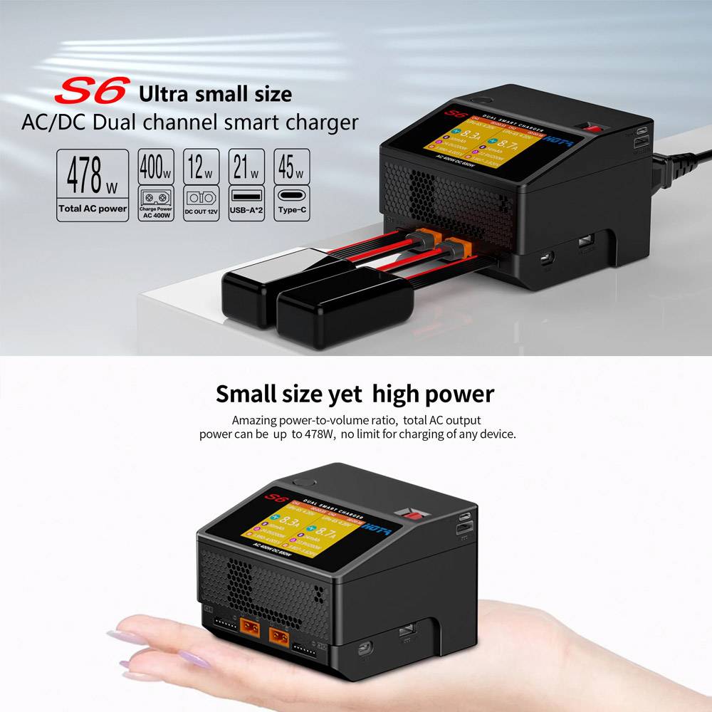 HOTA S6 AC 400W DC 325W*2 15A*2 Dual Channel Lipo Charger for 1-6S LiHv/LiPo/LiFe/Lilon Battery